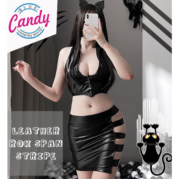 Blue Candy Cosplay Sexy Seragam Kulit Latex PVC Rok Span Jumbo Strip