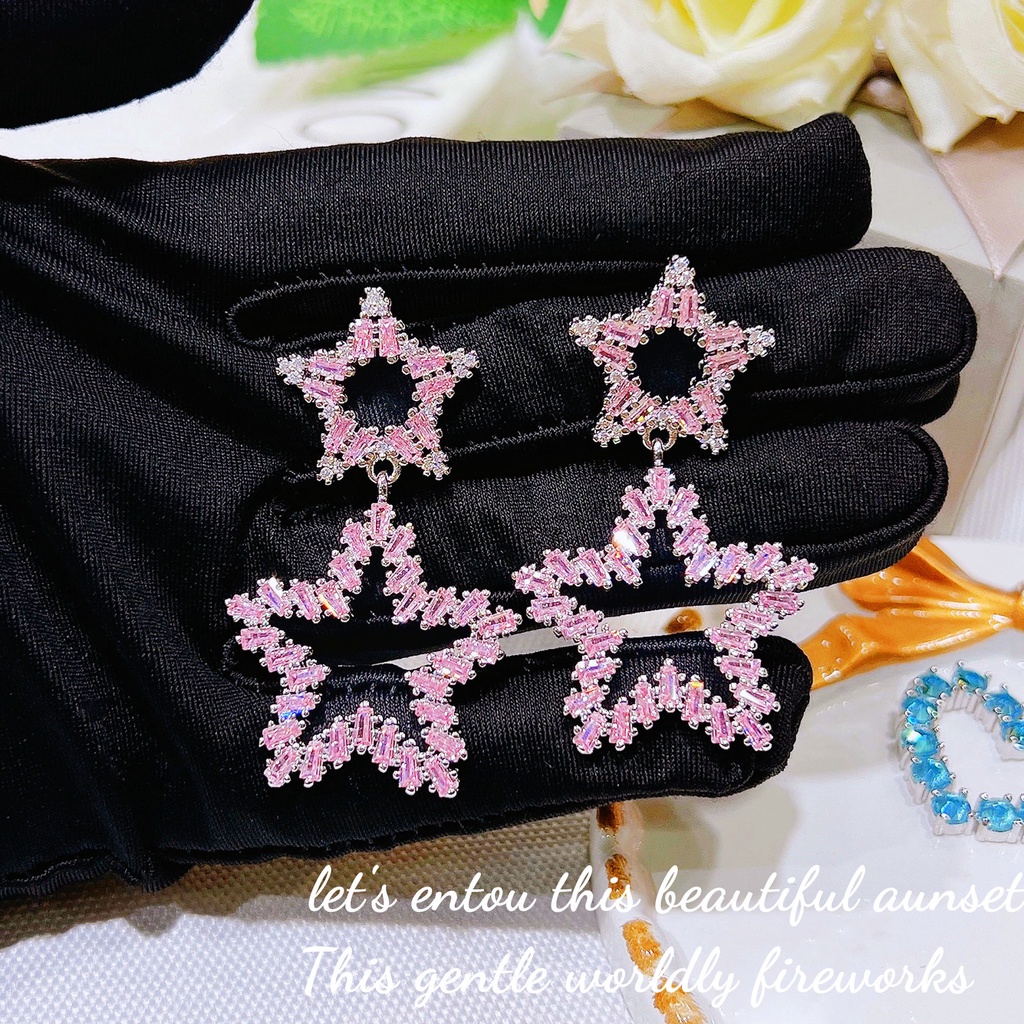 Goldkingdom Aksesoris Perhiasan Fashion Ready Stock T Square Pink Star Shaped Earrings Anting Pejantan Berlian Merah Muda Panjang