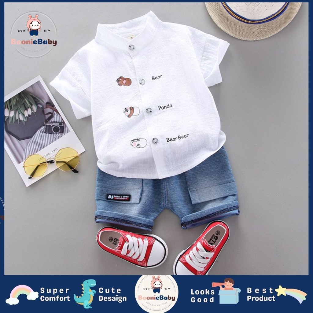 boonie SET KEMEJA ALFON BEAR 212 EBV Setelan Kemeja Bayi Laki-laki Lengan Pendek celana softdenim