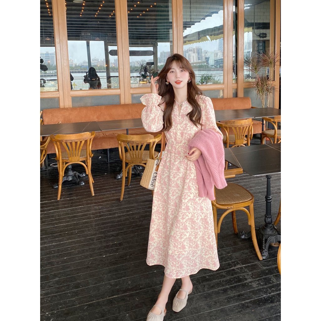 AIMEI Pink high-waisted floral dress small V-neck long dress female