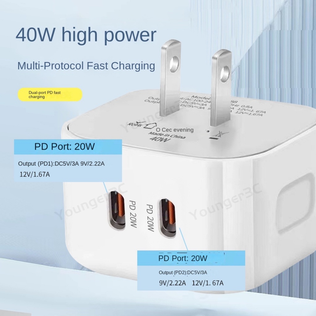 40w PD Dual Line Fast Charging Charger Handphone Tipe C PD Dual Port Flash Charging Travel Adapter Untuk ios Android Tipe C