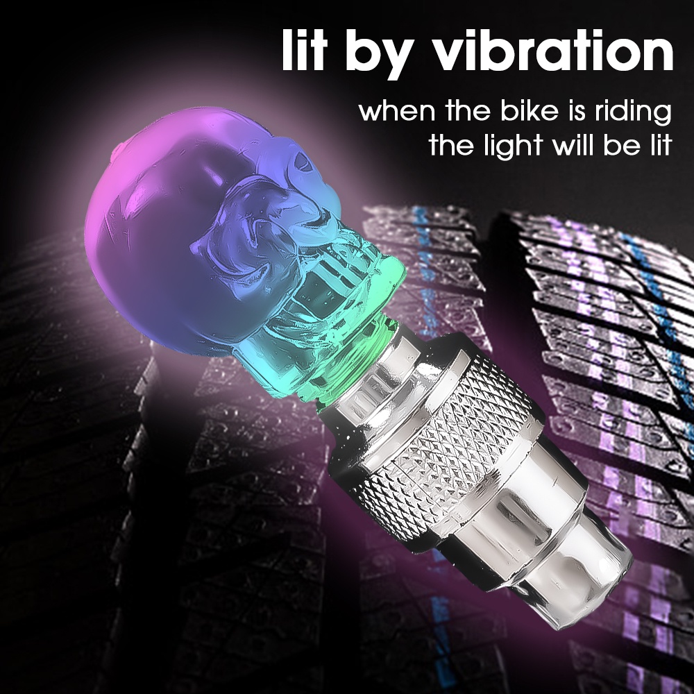 2pcs Colorful Skull Bicycle LED Valve Lampu Mobil Motor Sepeda Roda Ban Cahaya Tire Valve Tutup Debu Bersepeda Jari-Jari Peringatan Cahaya Auto Sepeda Aksesoris