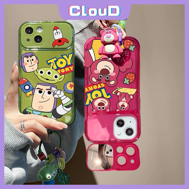 IPHONE Case Cerita Mainan Kartun Kompatibel Untuk Iphone11 14 13 12 Pro Max7 8 Plus X 7Plus XR XS MAX SE Cute Strawberry Bear Manyo Buzz Lightyear Shockproof Soft Flip Make Up Mirror Cover
