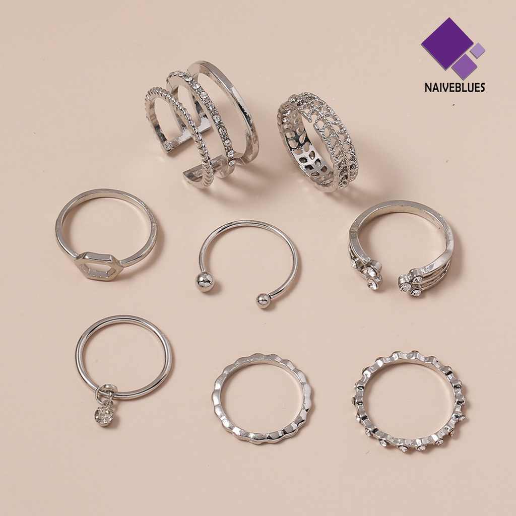 &lt; Naiveblues &gt; 8Pcs Cincin Wanita Geometris Berlian Imitasi Lady Shiny All Match Rings Untuk