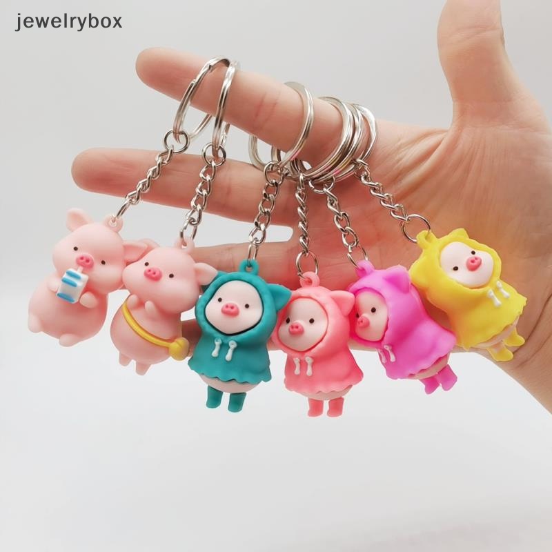 [jewelrybox] Kartun Lucu Jas Hujan Piggy Doll Gantungan Kunci Memegang Babi Susu Kunci Cincin Tas Liontin Butik