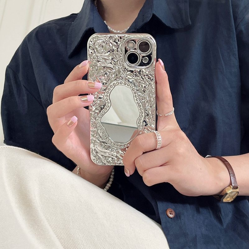 【Rose Flower Mirror】Fashion Pretty Make up Bling Silicone Case for iPhone 11 12 13 14 Pro Max Phone Case for Women Girl Gift Pink Ins