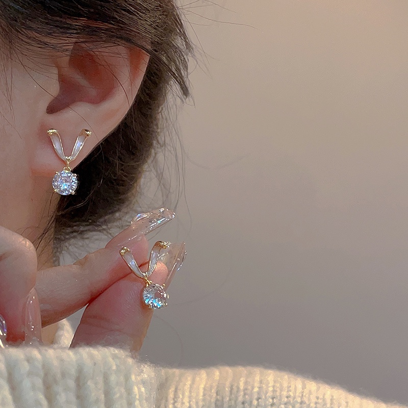 Anting Zirkon Kelinci Manis Berkilau Bling Menjuntai Pendant Ear Studs Untuk Gadis Manis