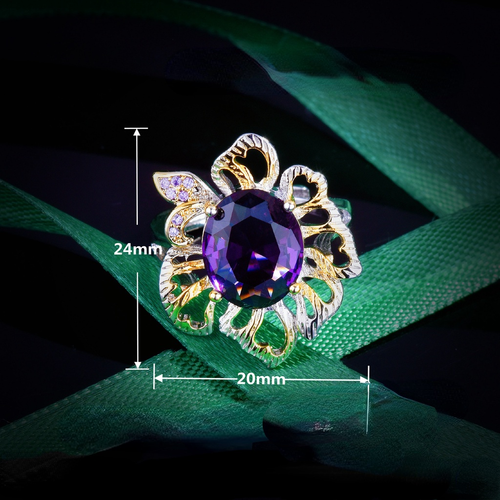 Goldkingdom Aksesoris Perhiasan Fashion Ready Stock Two-tone Kerajinan Emas Amethyst Cincin Kreatif Bunga Warna-Warni Harta Karun Pembukaan Cincin Wanita