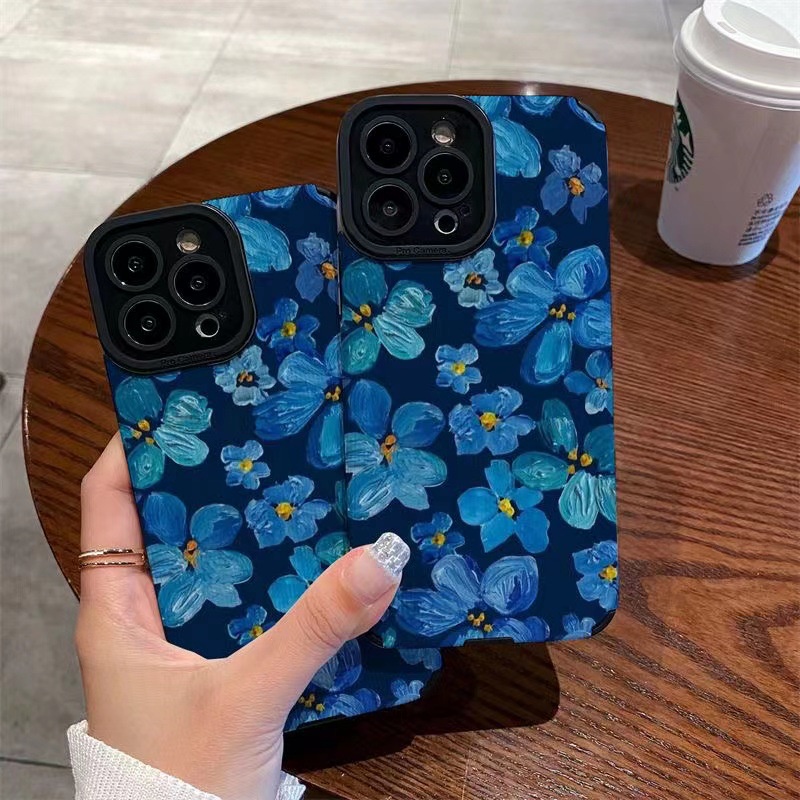 Pretty Blue Flower Leather Soft Case for Samsung A21S A12 A50S A30S A20 A30 A32 A22S A52S A72 A10S A33 A53 A73 A13 A04S A23 A51 A71 A31 Black Phone Case for Girl Women