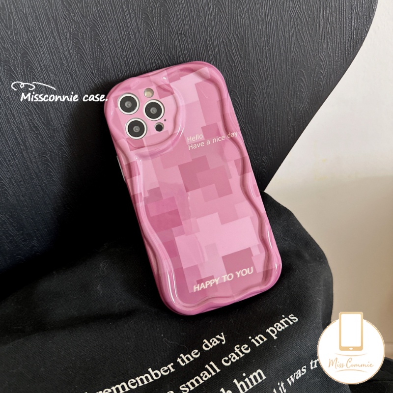 IPHONE Shockproof Phone Cover Kompatibel Untuk Iphone11 14 12 13 Pro Max X7 8 6s 6 Plus XR XS Max SE 2020 7Plus Kreatif Rose Pink Lattice 3D Wavy Curved Edge Soft Glossy Case