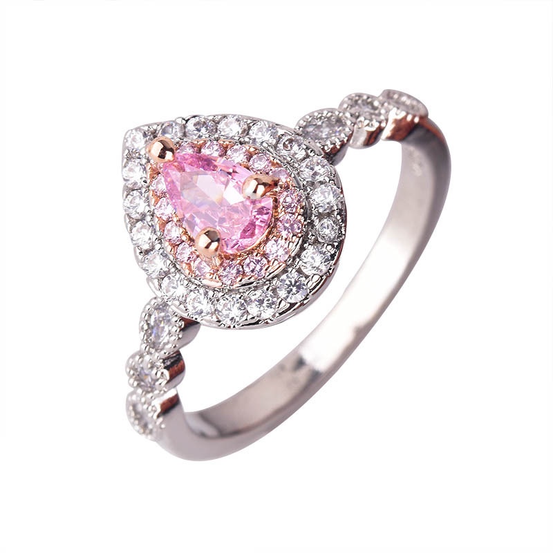 Goldkingdom Aksesoris Perhiasan Fashion Ready Stock Cincin Pir Tetesan Air Kristal Merah Muda Dengan Delapan Hati Dan Delapan Panah Cincin Pertunangan