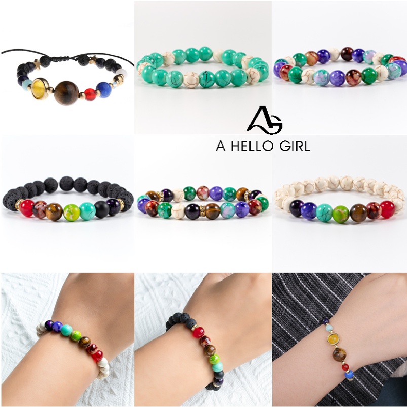 Ahellogirl Gelang Batu Vulkanik Alami Berwarna-Warni Manik-Manik Batu Akik Gelang Elastis 8mm