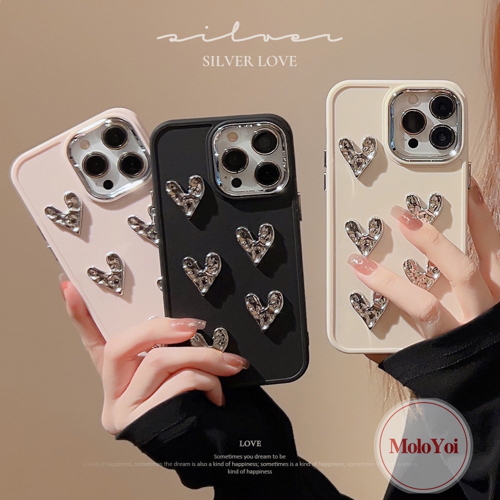 IPHONE Casing Persegi Plating Cinta Hati 3D Kompatibel Untuk Iphone11 13 14 12 Pro MAX 7Plus XR X 8Plus XS MAX Mewah Mode Canggih Sederhana Warna Solid Macaron Warna Permen Lembut Ponsel Cover