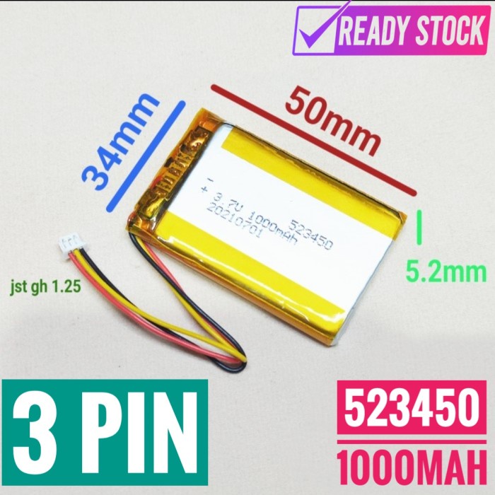 523450 Li ion 3 Kabel 3.7v 1000mAh Bluetooth Headphone Mp3 GPS