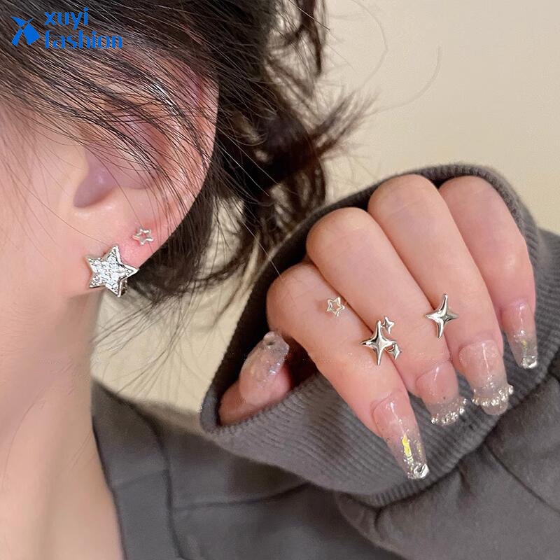 6pc/set Anting Perak Kristal Zirkon Bintang Berujung Lima Earrin Untuk Aksesoris Perhiasan Fashion Wanita