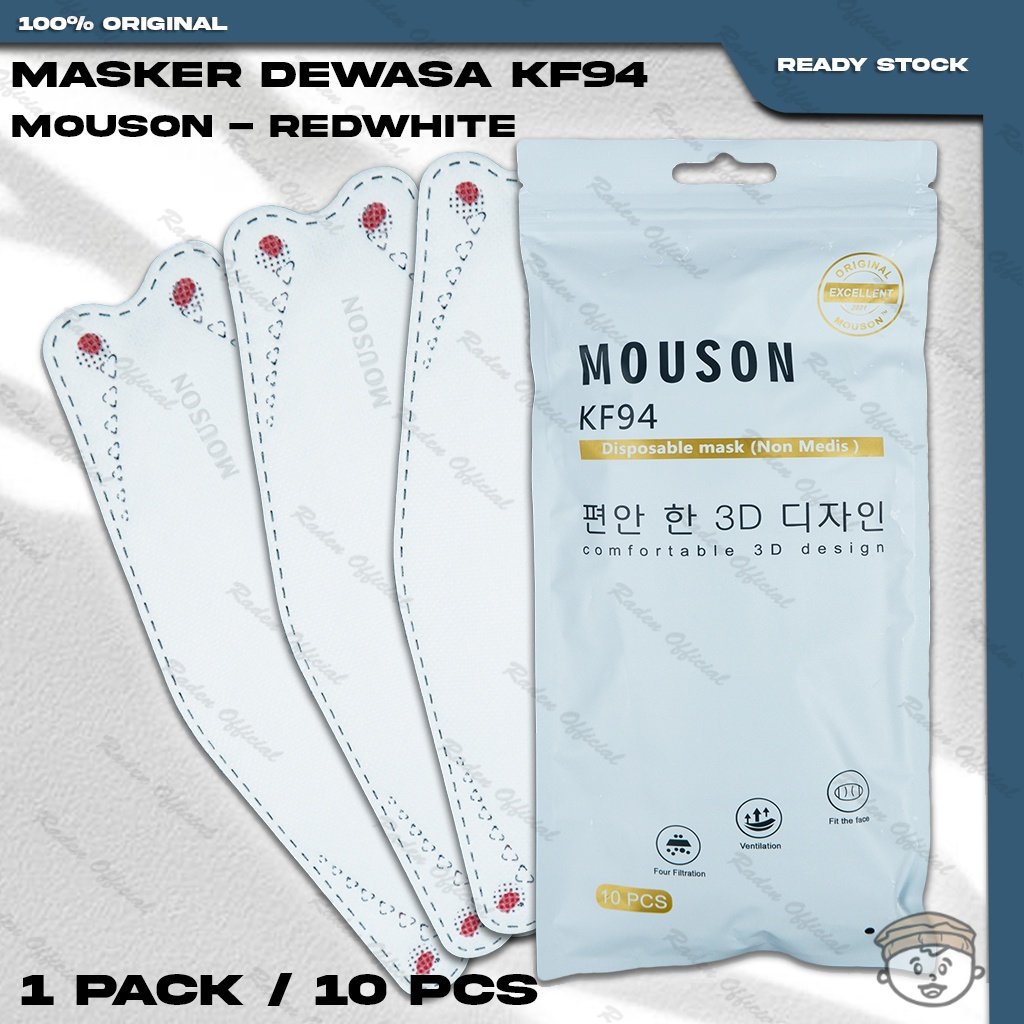 Masker KF94 MOUSON 4Ply Isi 10Pcs Red White Merah Putih Korea KF 94 4 Ply Earloop Surgical Mask Keme
