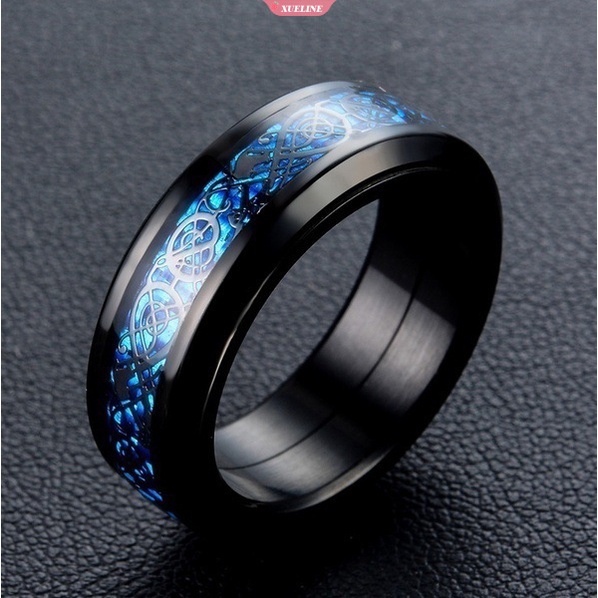 Mojygt Pria Cincin Perhiasan Merah Biru Hitam Naga Bertatahkan Kenyamanan Cocok Stainless Steel Rings Untuk Pria Pernikahan Cincin Lebar 8mm [ZXL]