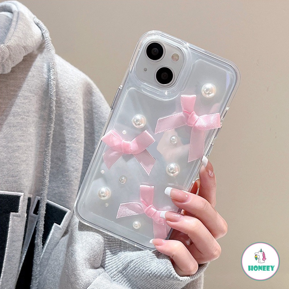 IPHONE Korea Lucu 3D Mutiara Pita Busur Lembut Transparan Phone Case Untuk Iphone14 13 12 11 Pro Max 14 Pro Lembut Shockproof Cover