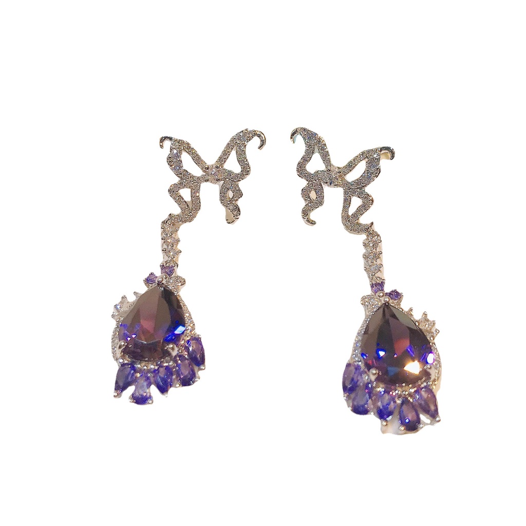 Goldkingdom Fashion Perhiasan Aksesoris Ready Stock Kupu-Kupu Stud Earrings Water Drop Pear Shaped Amethyst Zircon Anting Panjang Wanita