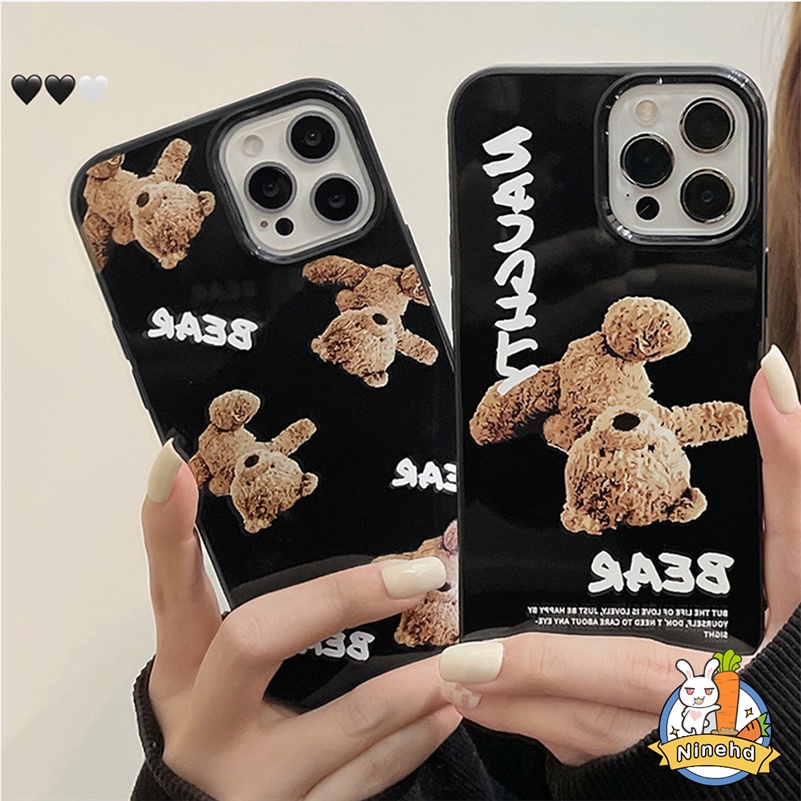 IPHONE Casing Kompatibel Untuk Iphone14 13 12 11 Pro Max X Xr Xs Max8 7 6 6s Plus SE 2020 Pasang Merek Teddy Bear Hitam Mengkilap Casing Ponsel Pelindung Lensa Shock Resistant Silicone Soft Case