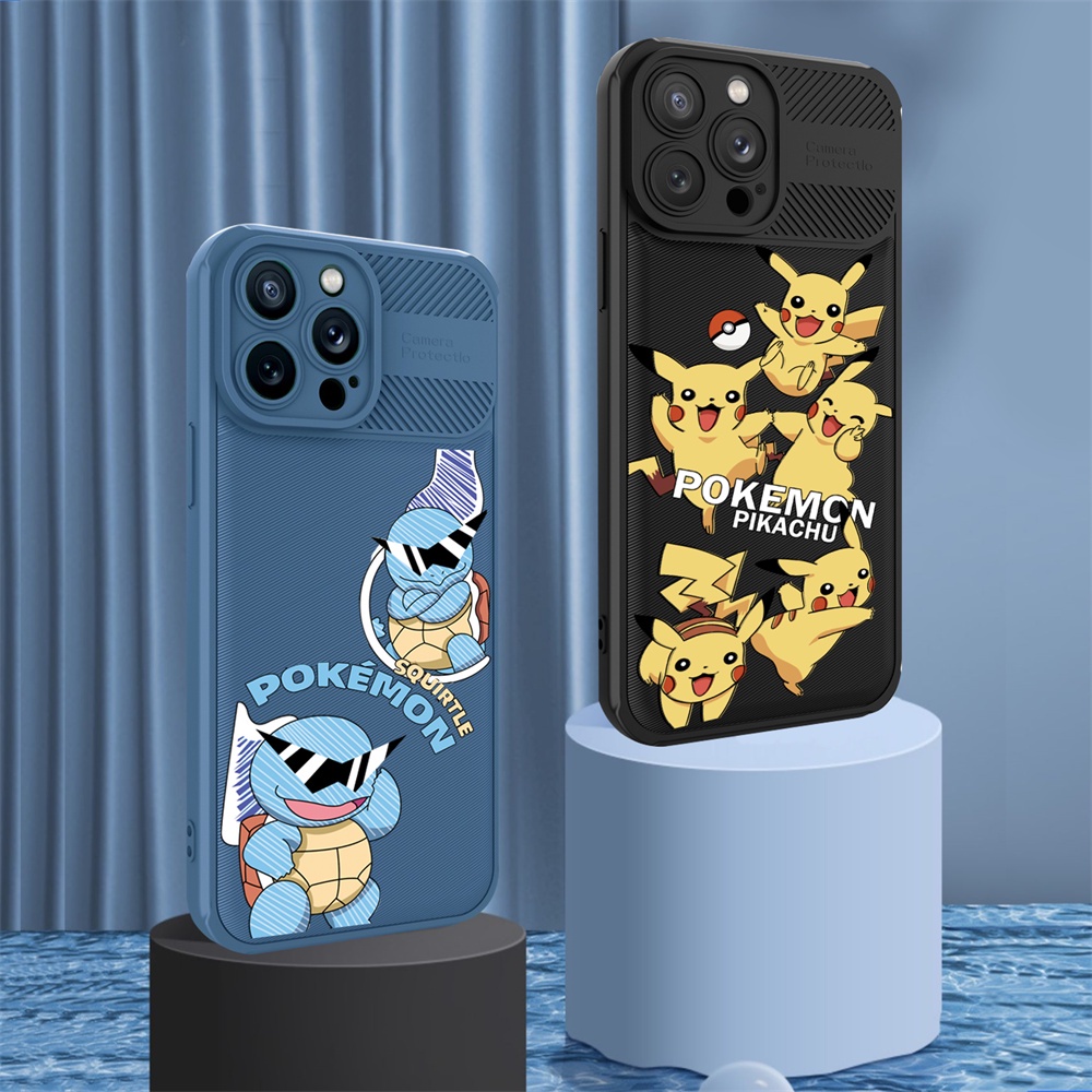 Case Serat Karbon Realme C55 C35 C33 C31 C21Y C25Y RealmeC25 C25S C15 C12 C3 C2 Realme 5 5i 5S 6i C3 Anime Pokemon Pikachu Cross Grain Phone Case Cover