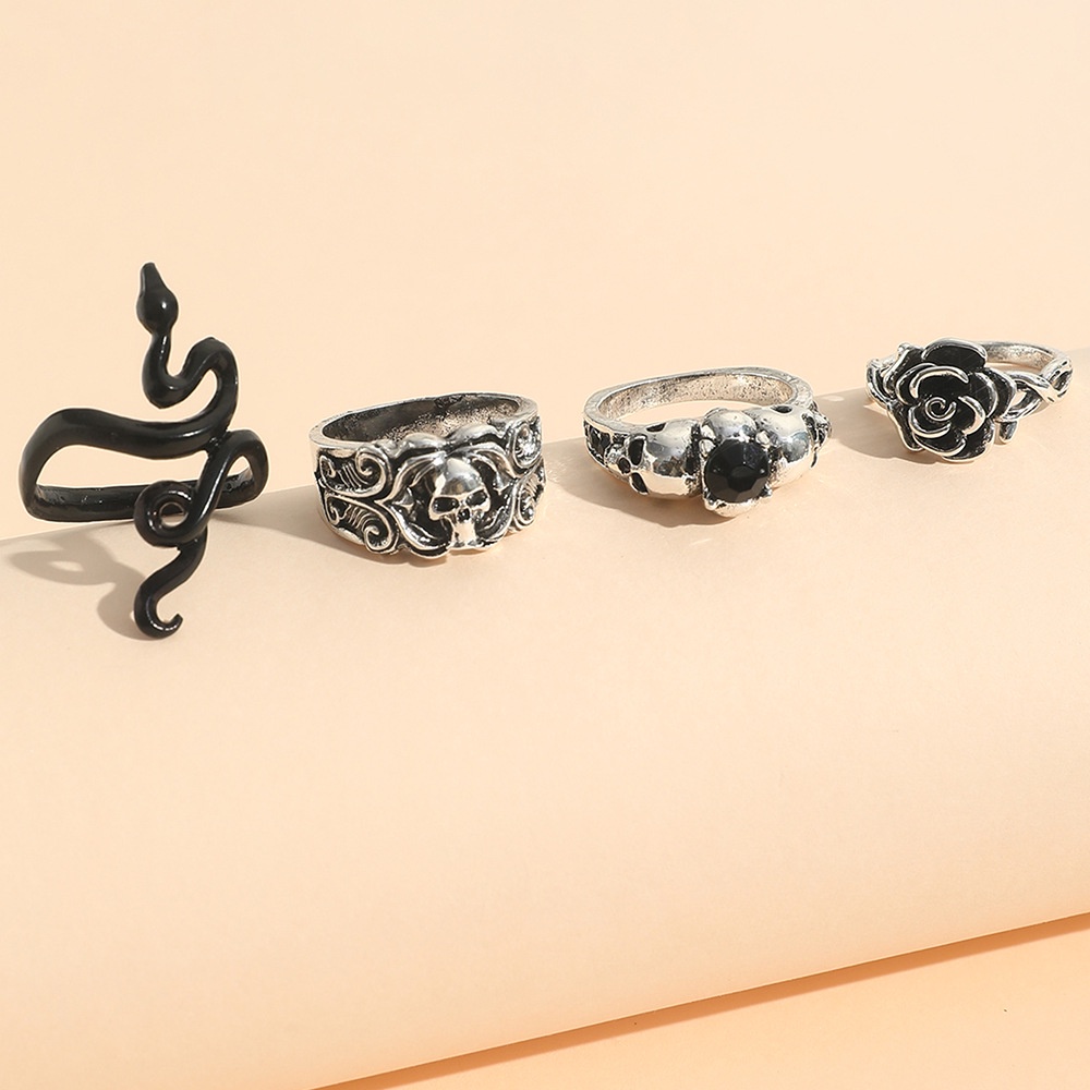 Gothic Fashion Skeleton Hovering Snake Ring Untuk Wanita Pria Punk Rose Skull Unisex Rings Perhiasan Aksesoris Hadiah Pesta