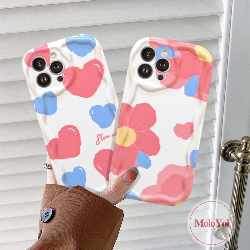 IPHONE Cream Lover Heart Blue Flowers Shockproof Case Kompatibel Untuk Iphone11 12 14 13 Pro Max8 7 6 6s Plus XR XS X Max SE 2020 3D Wavy Curved Edge Soft Tup Cover