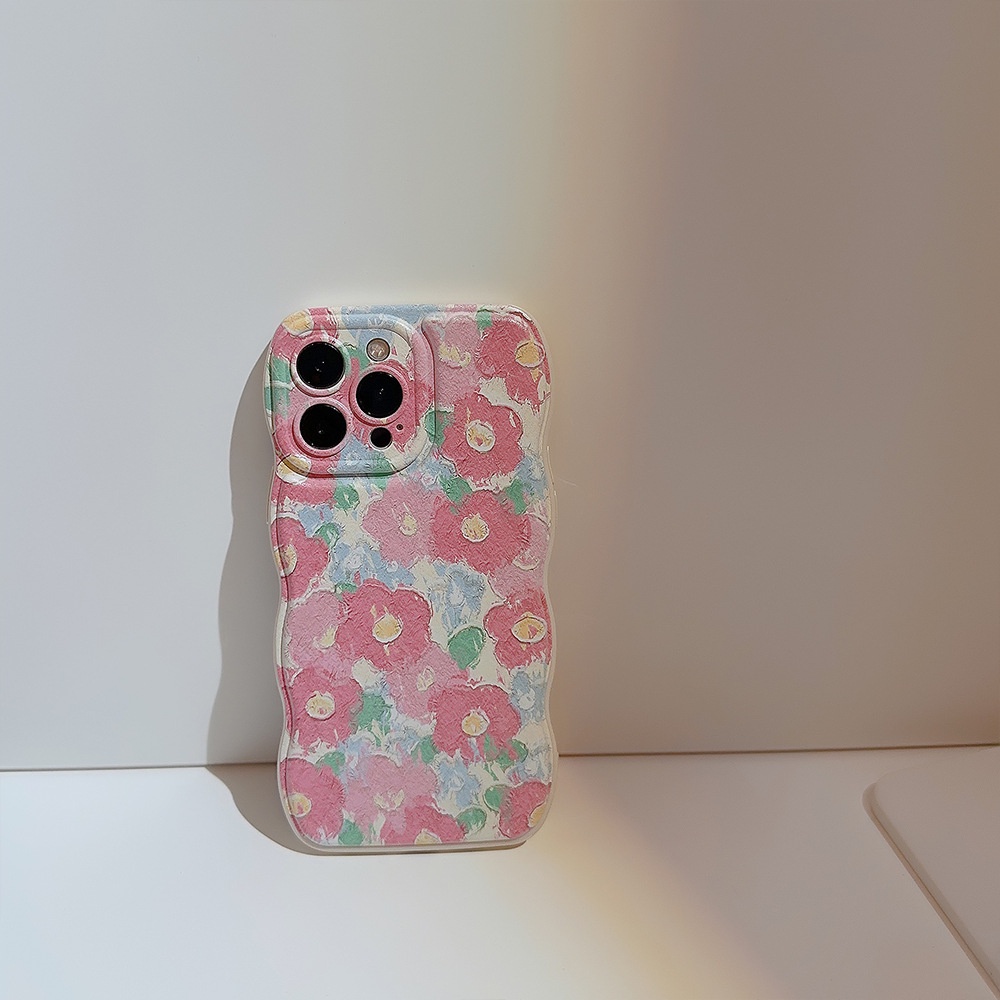 IPHONE Lukisan Cat Minyak Bunga Sakura Merah Muda Ponsel Case Perlindungan Penuh Berbentuk Gelombang Lembut Cover Pelindung Untuk Iphone11 12 13 14 PLUS PRO MAX