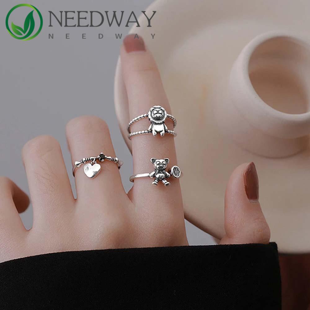 Needway   Cincin Terbuka Punk Temperamen Sabuk Gesper Berongga Jantung Korea Beruang Jari Cincin