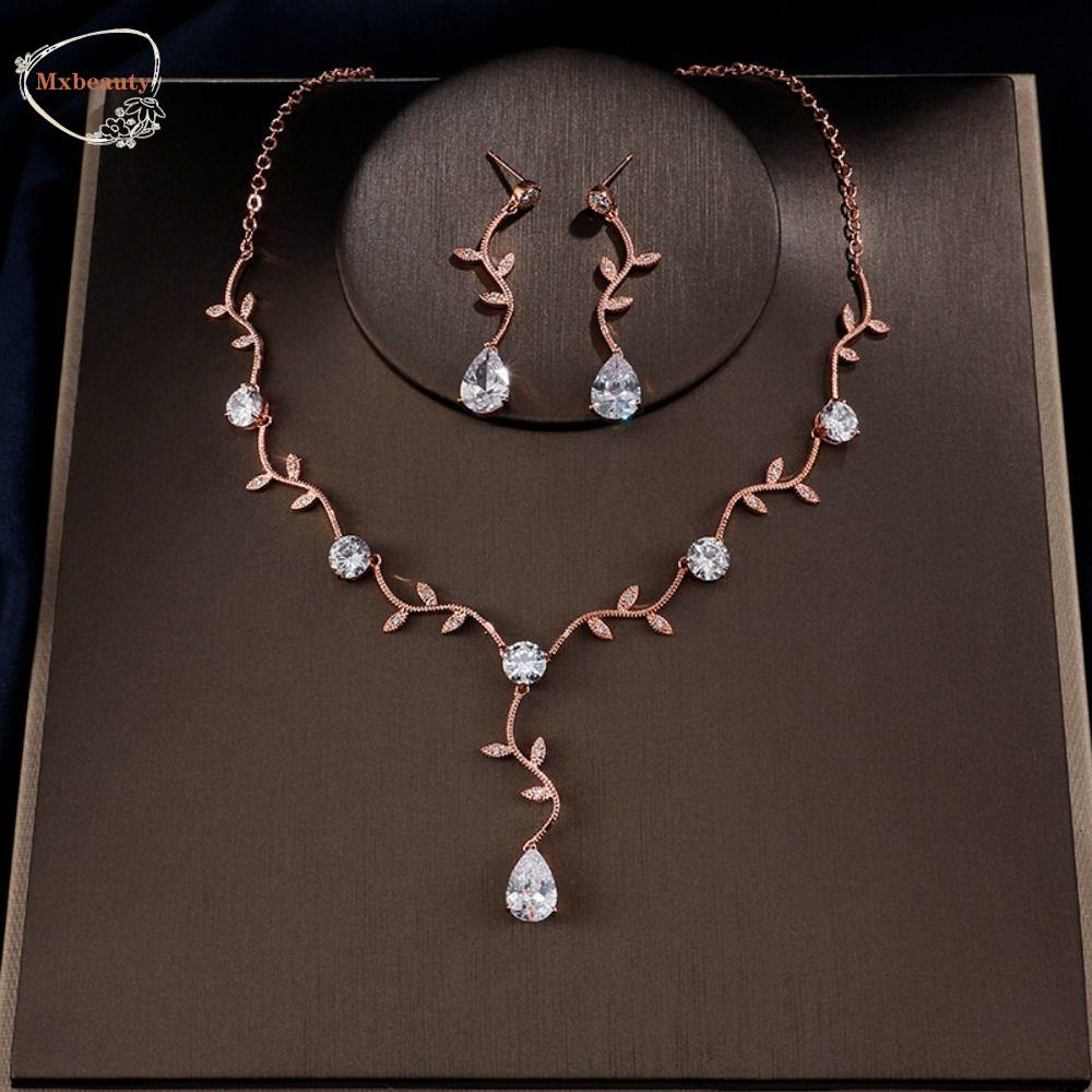 Mxbeauty Set Perhiasan Pernikahan Elegan Perhiasan Hadiah Kalungchain Daun Cabang Bentuk Aksesoris Perhiasan Temperamen Anting Mutiara