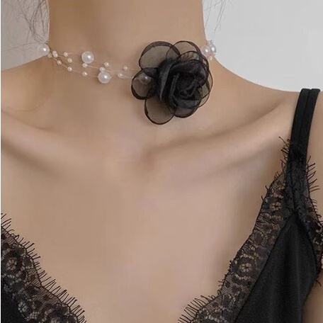 Mutiara Multilayer Kalung Untuk Wanita Hitam Putih Phantom Bunga Renda Choker Aksesoris Perhiasan