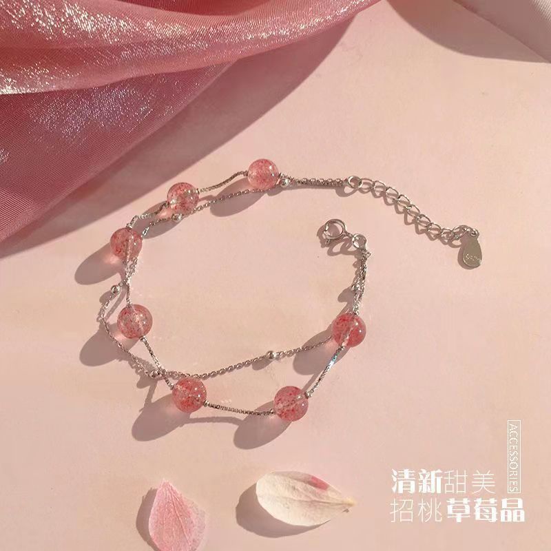 Gelang Kristal Strawberry Dua Lapis Yang Manis Desain Niche Perempuan Merasakan Pink Beruntung Mahasiswa Pacar Gelang Persik