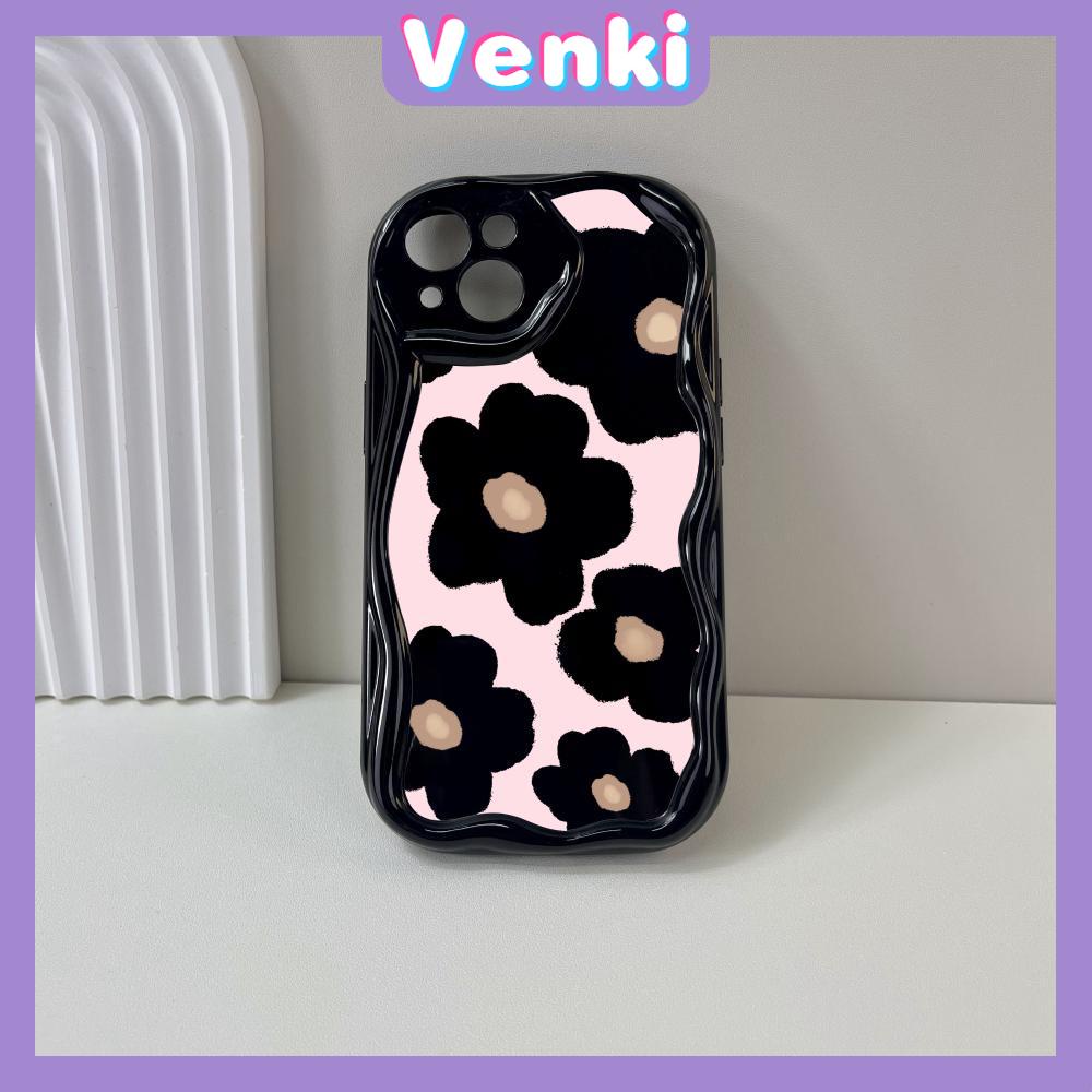 VENKI - Untuk iPhone 11 Case Curved Edge Wave Case Glossy Black TPU Airbag Tahan Guncangan Kamera Case Bunga Lucu Kompatibel dengan iPhone 14 13 Pro max 12 Pro Max xr xs 7Plus 8PLus