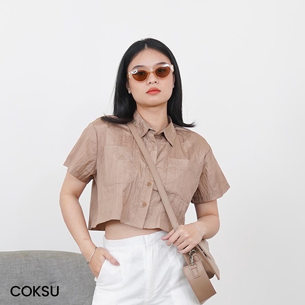 Kemeja Crop Top Crinkle Gemini