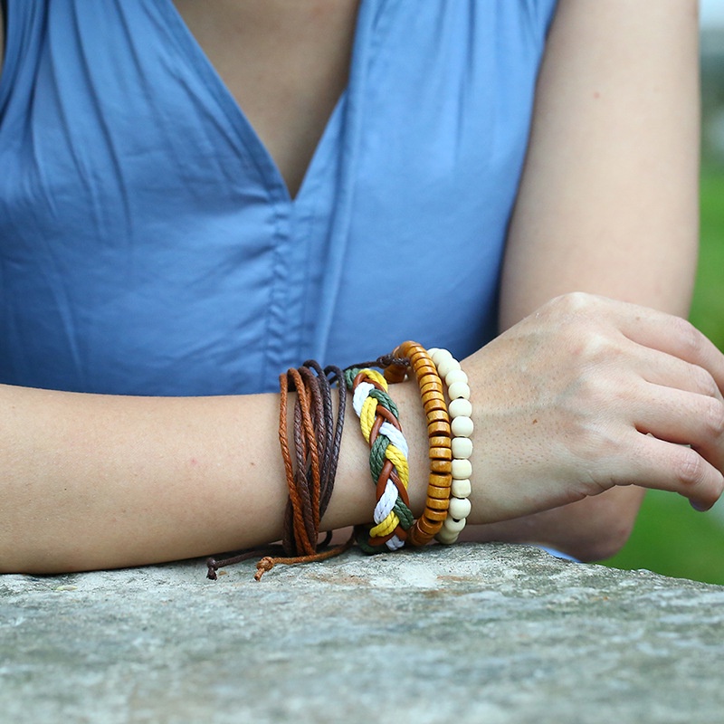 [FRA] Retro Tenun Tangan diy Empat Potong Gelang Kulit Tali Rami Sederhana Tali Tangan