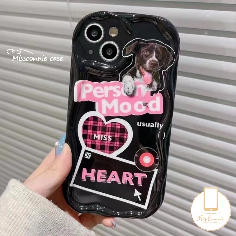 Kartun Anjing Lucu Stiker Label Ponsel Case Kompatibel Untuk IPhone 11 12 14 13 Pro Max 7Plus X XR XS Max7 6s 6 8 Plus SE 2020 3D Wavy Curved Edge Glossy Love Heart Soft Tpu Cover