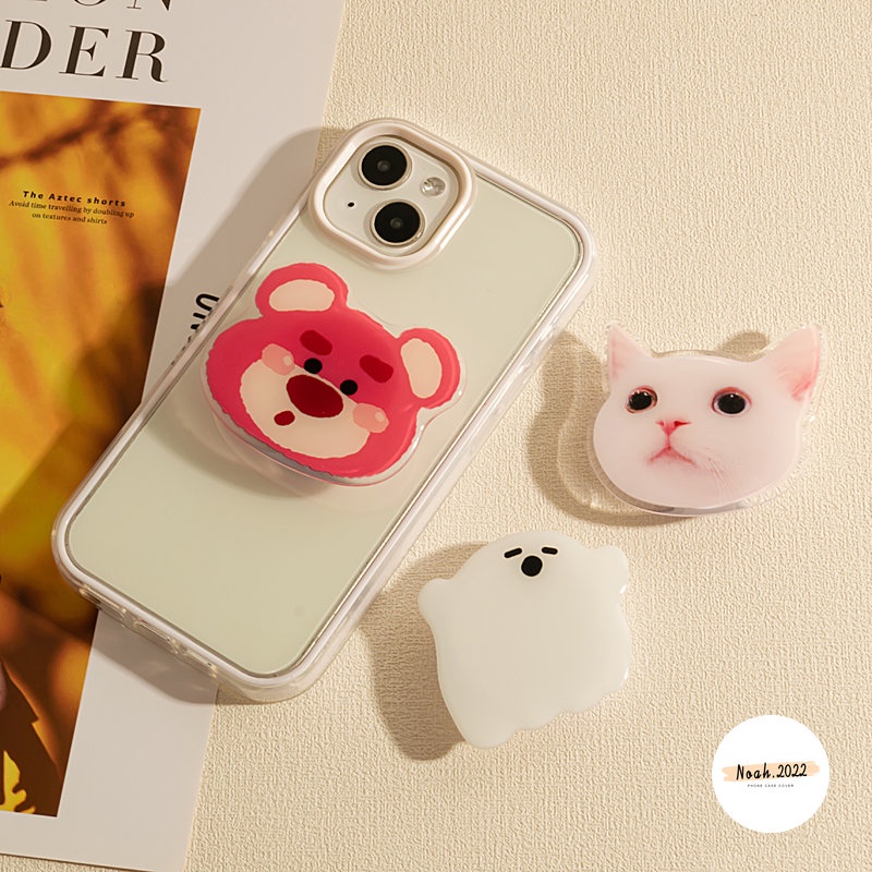 Cute Manyo Strawberry Bear Phone Stand Holder Kartun The Power.puff Gadis Glossy Braket Lipat Indah Kucing Anjing Hantu Lucu Universal Scalable Phone Grip