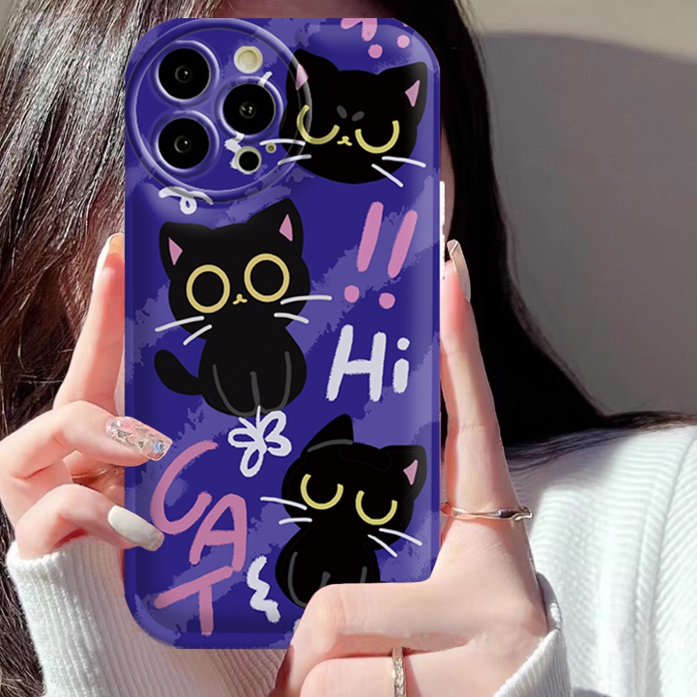 Oppo Reno 8T 4G A57 A16 A16K A17 A5S A12 A3S A12E A92 A52 F1S A53 A33 A31 A9 A5 A15 A15S A54 F9 C1 Graffiti Black Cat Air cushion TPU Phone Case Dengan Bracket Binteacase