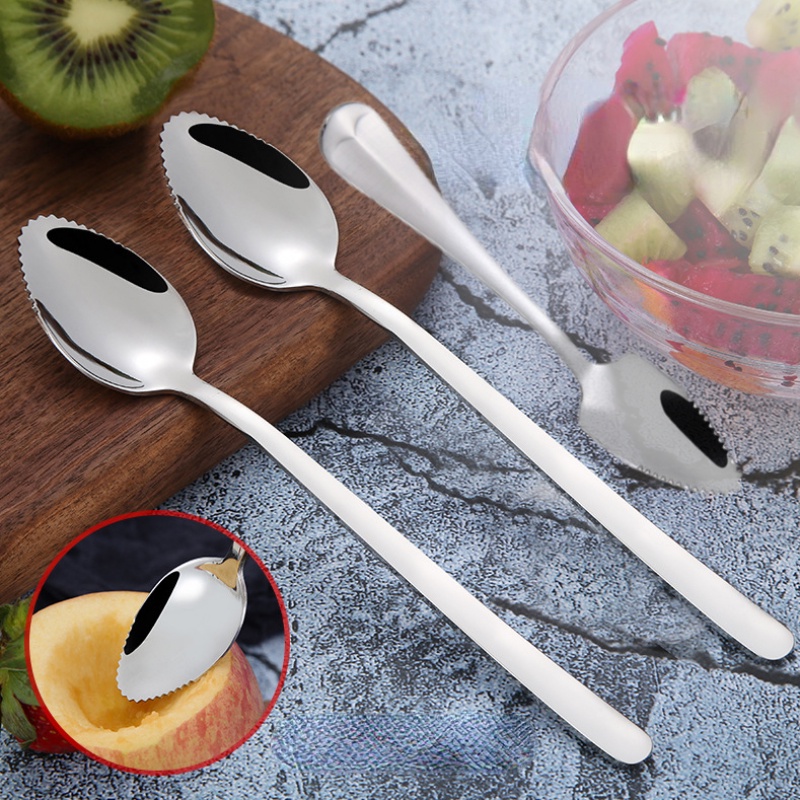 [Unggulan] Grip Nyaman Menggali Sendok Tepi Bergerigi Kerokan Buah Sendok Bayi Pelengkap Makanan Sendok Garpu Stainless Steel Jelly Kue ladle