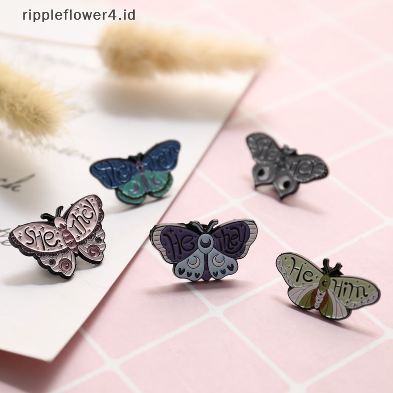 {rippleflower4.id} Butterfly Pronouns Enamel Pin Bros Custom Kerah Lencana Perhiasan Serangga Hadiah~