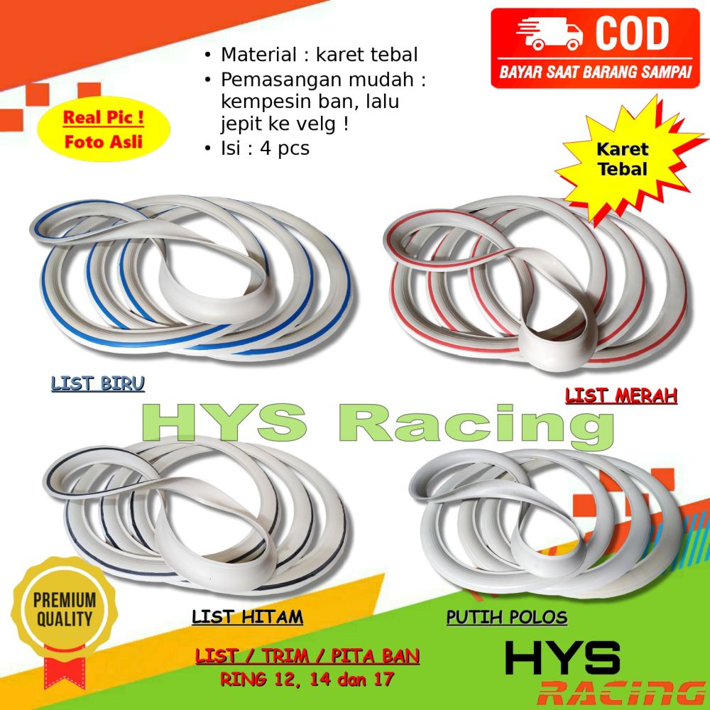 HYC 4 PCS List Trim Pita Ban Sepeda Motor - Ring 12, 14 dan 17 - Isi 4 Pcs Warna Putih, Hitam, Biru 