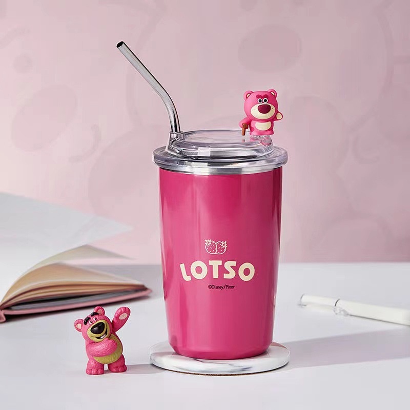 【COD】Strawberry Bear Termos Tumbler Lotso 500ML Strawberry Bear Termos Botol Minum Lotso Dengan Sedotan