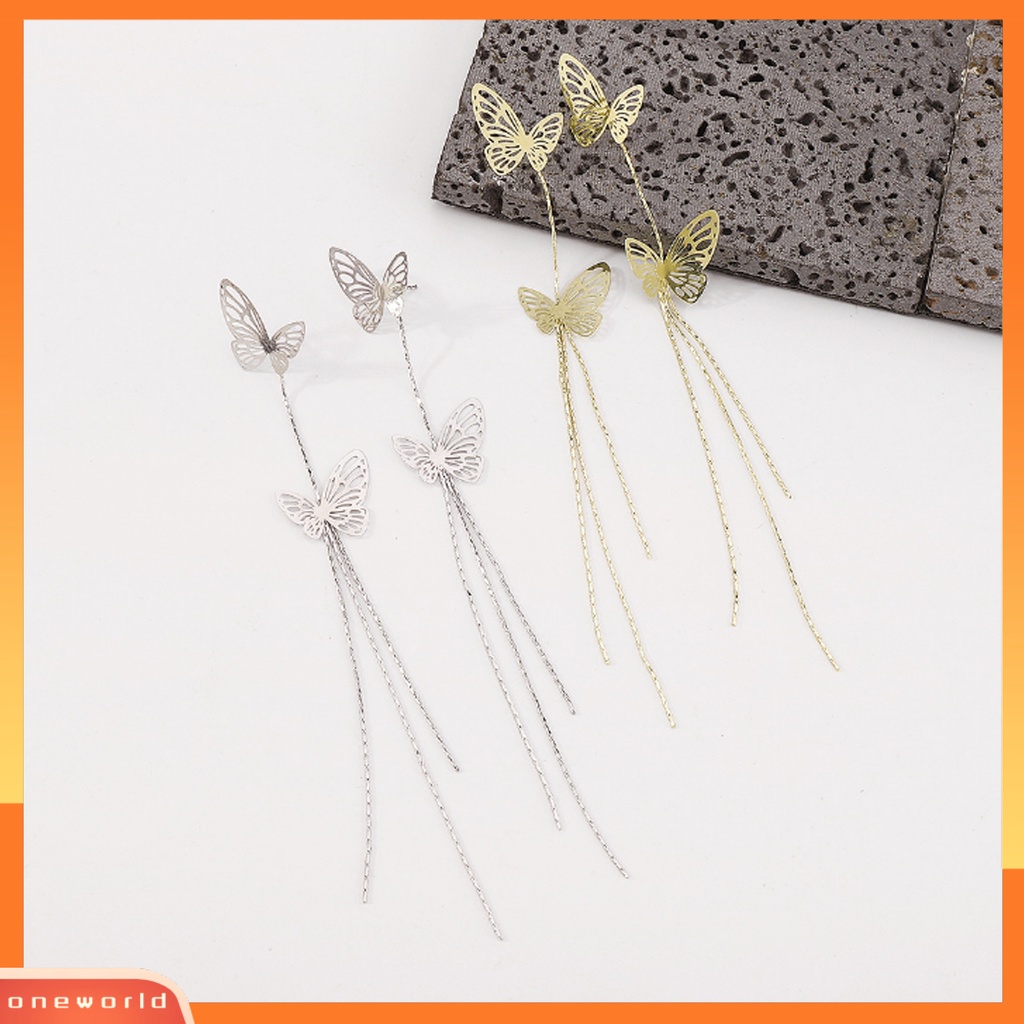 [WOD] Menjuntai Anting Rumbai Panjang Hias Lapisan Ganda Temperamen All-match Perhiasan Hadiah Logam Wanita Berongga Kupu-Kupu Liontin Drop Earrings Untuk Perjamuan