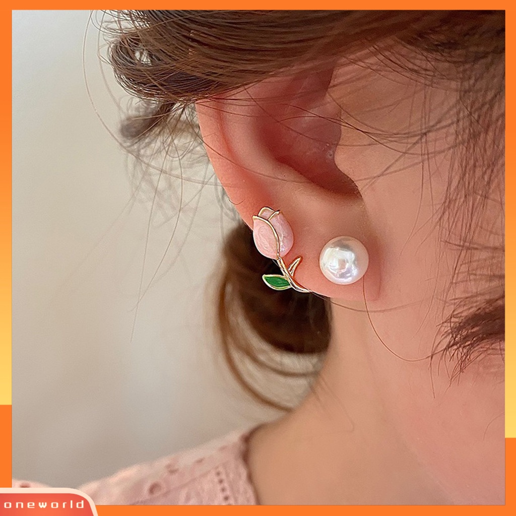 [WOD] 1pasang Anting Wanita Permukaan Halus Fashion Stainless Anti Karat Warna Kontras Hias Telinga Mutiara Imitasi Bunga Tulip Stud Earrings Aksesoris Wanita