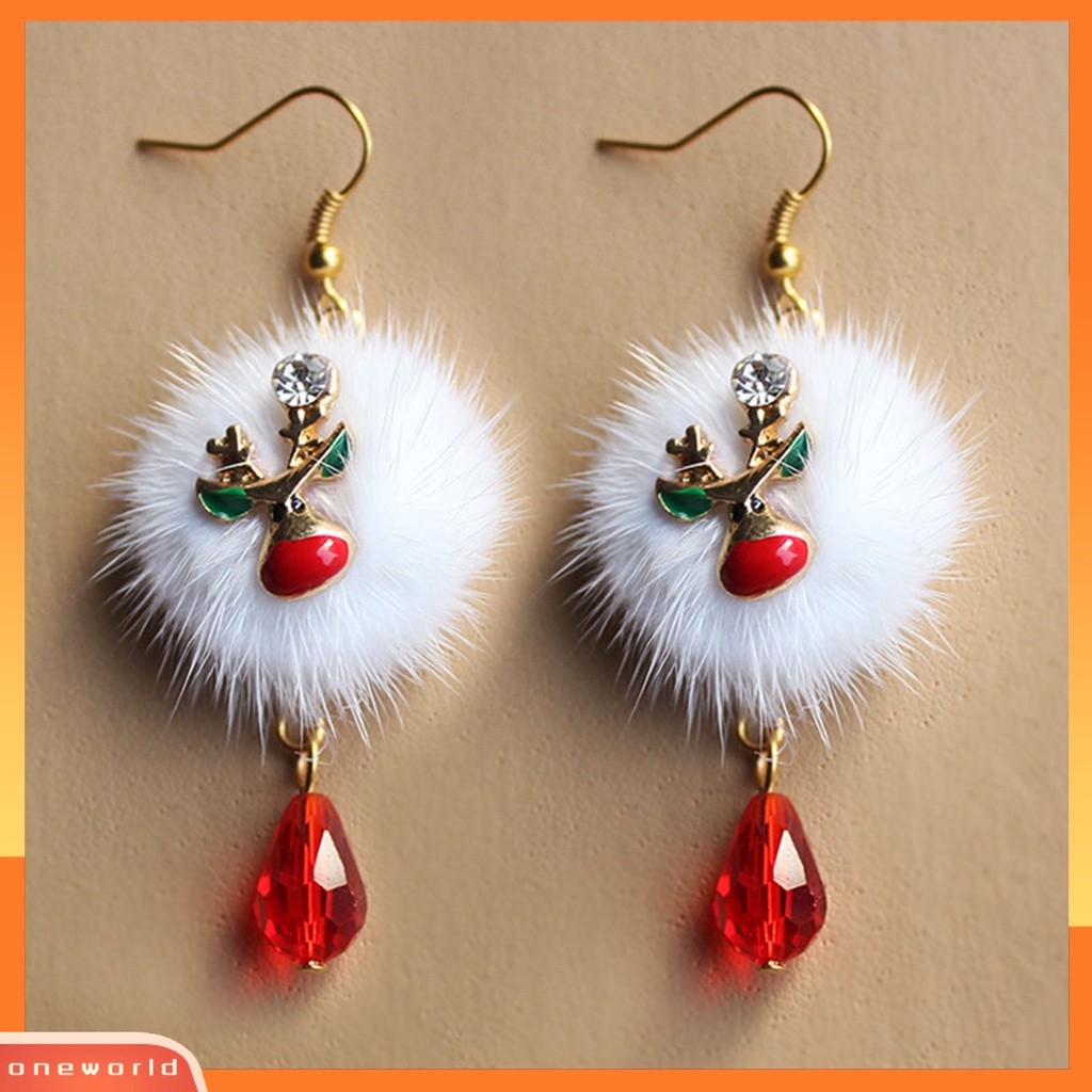 [WOD] 1pasang Putih Mewah Bola Merah Berlian Imitasi Xmas Anting Alloy Santa Claus Elk Pendant Hook Earrings Fashion Perhiasan