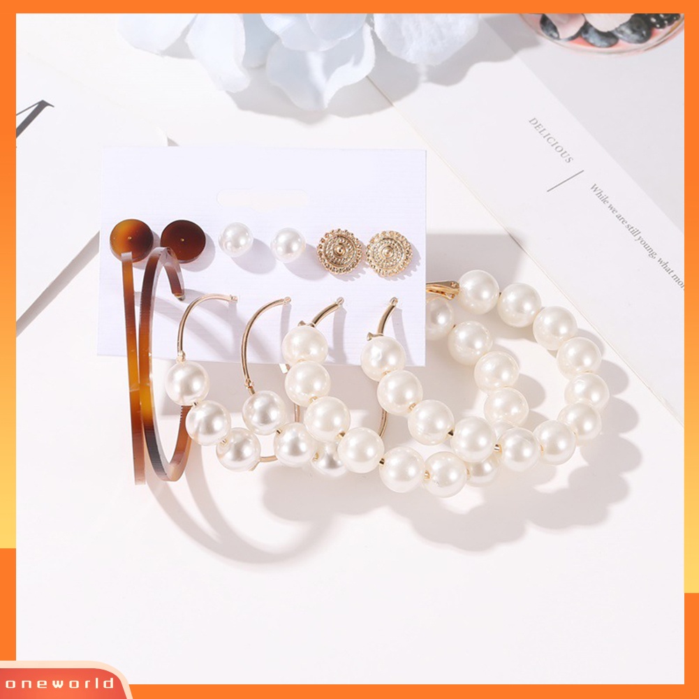 [WOD] 6pasang Wanita Mutiara Imitasi Bulat Geometris Menjuntai Ear Stud Hoop Earrings Jewelry