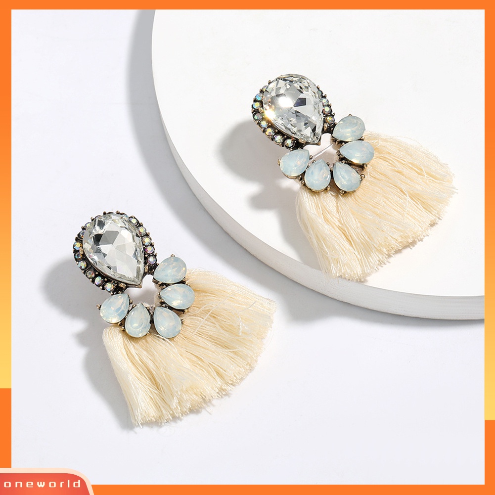 [WOD] Wanita Tetesan Air Berlebihan Berlian Imitasi Bentuk Kipas Rumbai Stud Earrings Jewelry