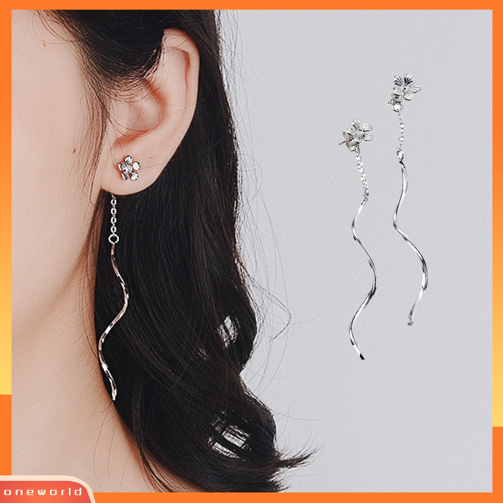 [WOD] Fashion Wanita Bunga Bergelombang Rumbai Rantai Panjang Menjuntai Disepuh Stud Earring Jewelry