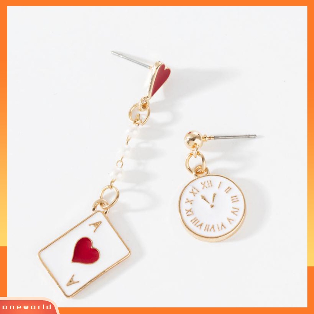 [WOD] Chic Jam Poker Jantung Pesona Mutiara Imitasi Asimetris Stud Anting Wanita Perhiasan