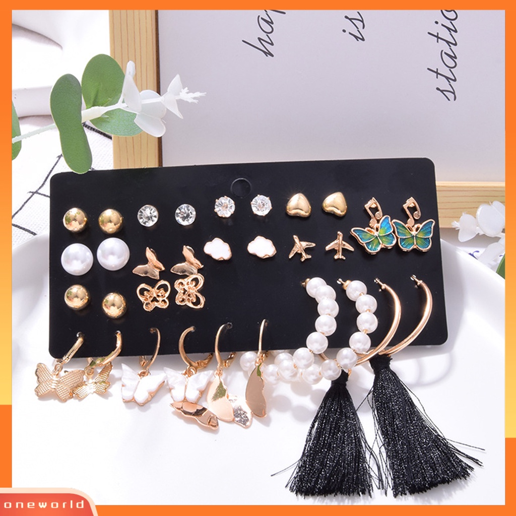 [WOD] 1set Anting Stud Set Gaya Bohemian Multi Bentuk Kupu-Kupu Mutiara Imitasi Rumbai Panjang Anting Gantung Set Perhiasan Pacaran